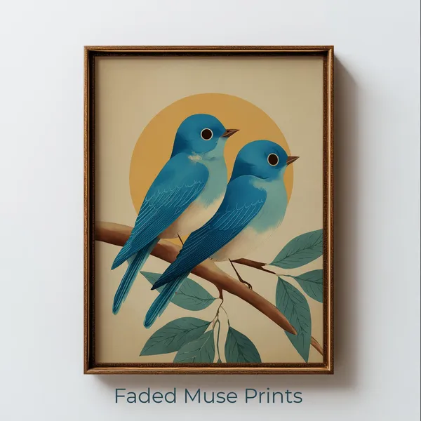 Cheerful Bluebirds On Branch, Vintage Nature Art Print