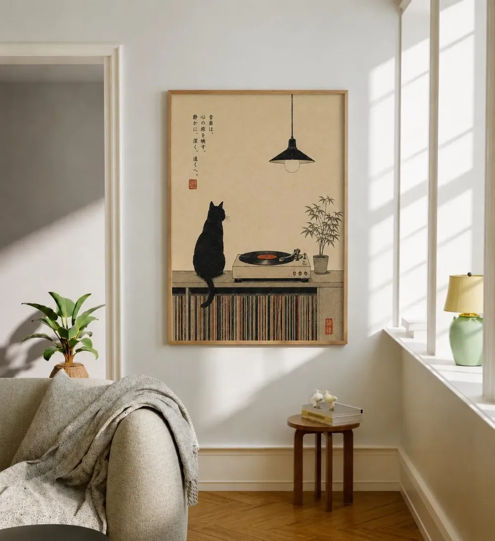 Japanese Black Cat Vinyl Record Player Minimalist Music Poster - Image 3