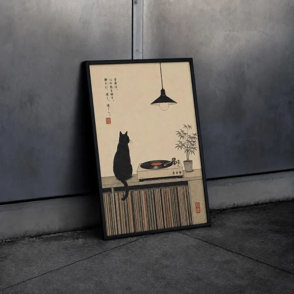 Japanese Black Cat Vinyl Record Player Minimalist Music Poster - Image 2