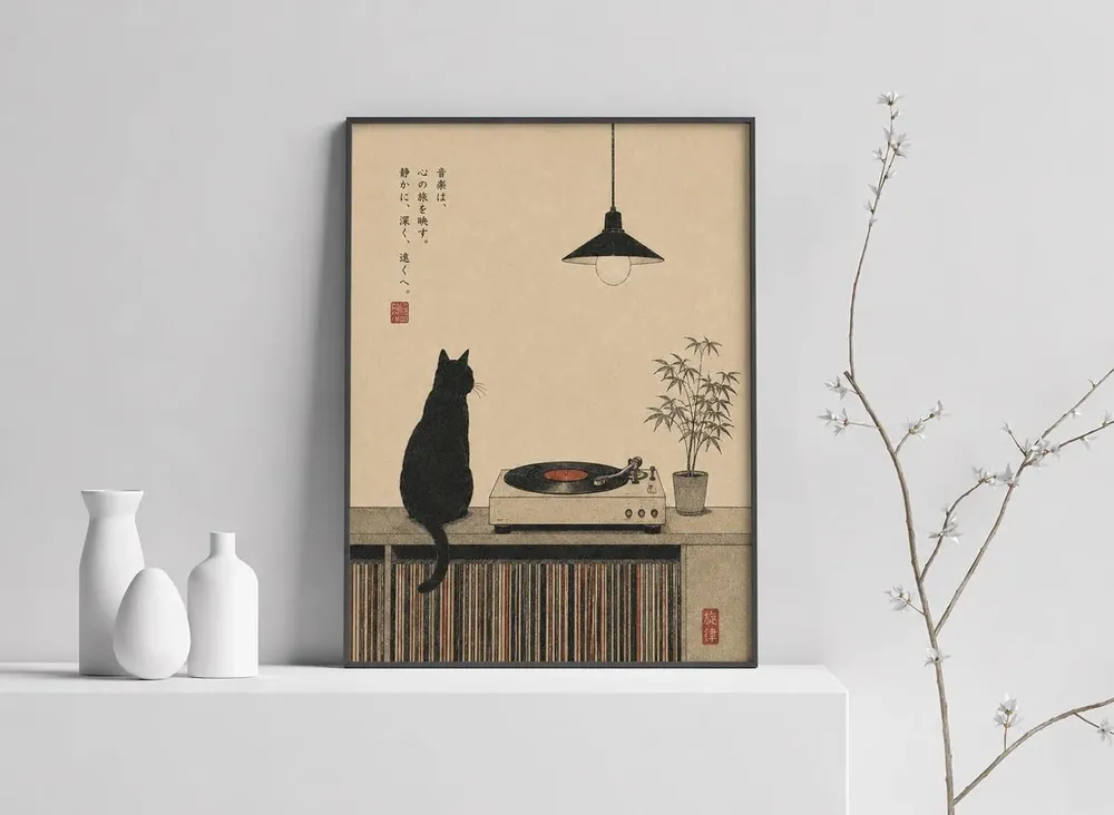 Japanese Black Cat Vinyl Record Player Minimalist Music Poster - Image 4
