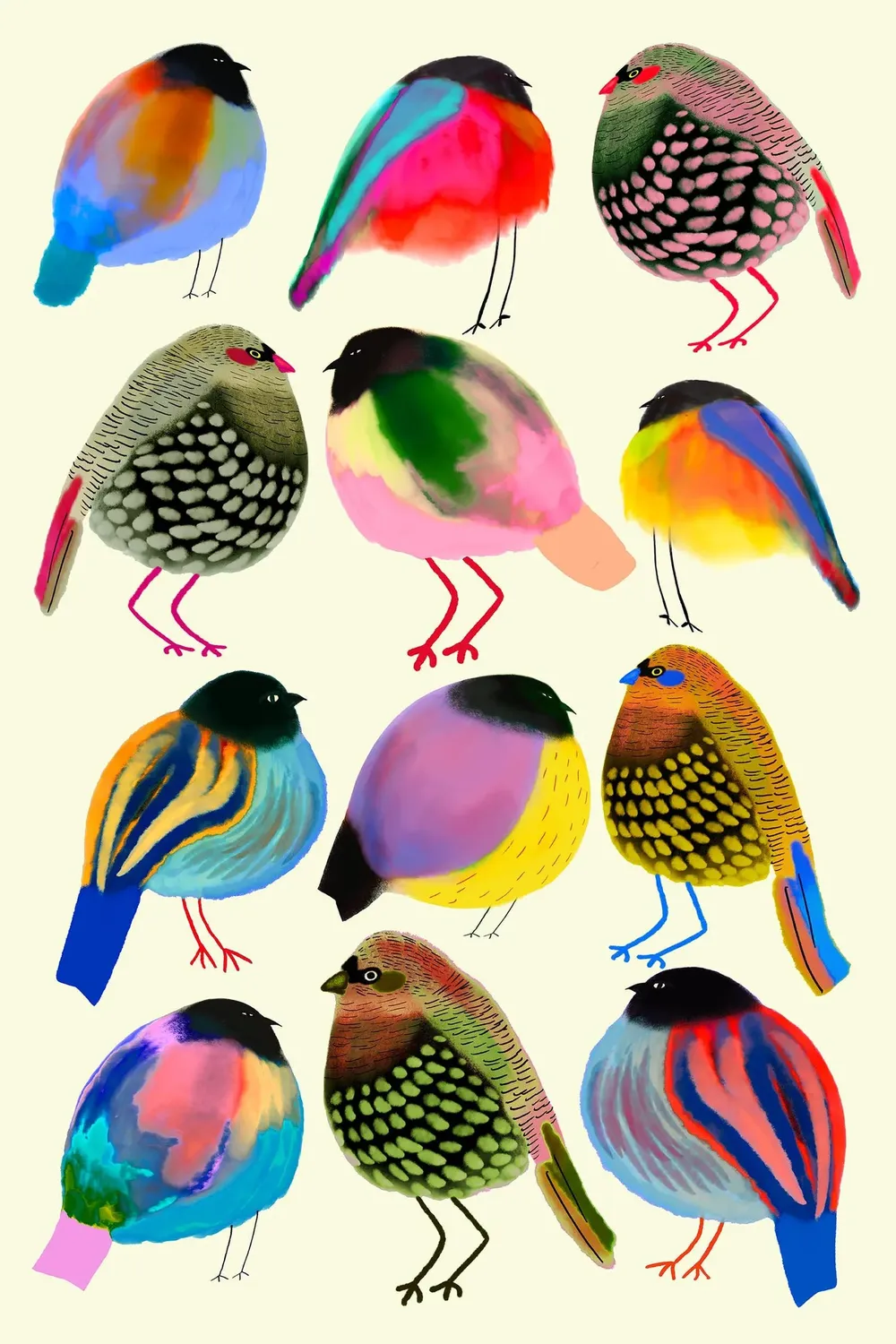 Twelve Colorful Watercolor Songbirds Vibrant Bird Art Poster - Image 2