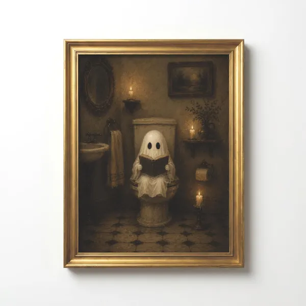 Cute Ghost Reading on Toilet Spooky Funny Bathroom Night Poster