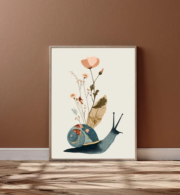 Botanical Snail Art Print, Cottagecore Vintage Nature