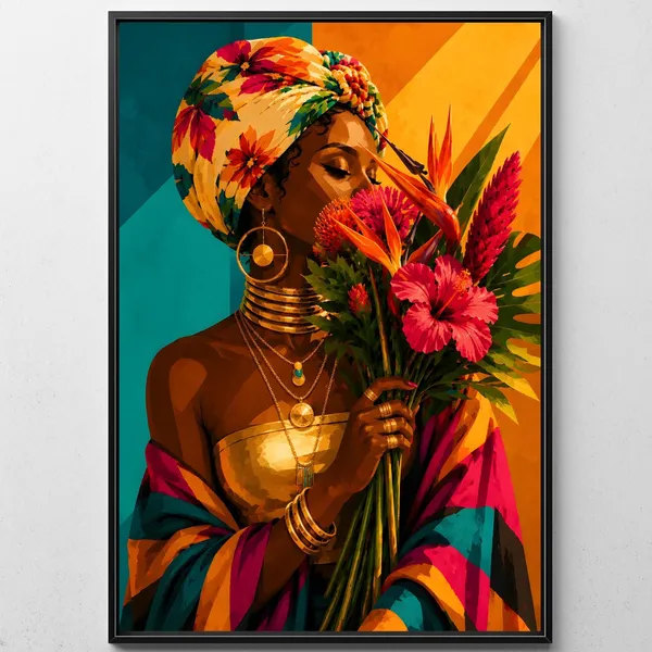 Afro Woman Portrait Print, Tropical Flower Art