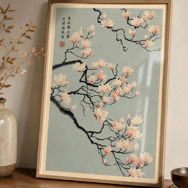 Japanese Magnolia Vintage Floral Art Print, Japandi