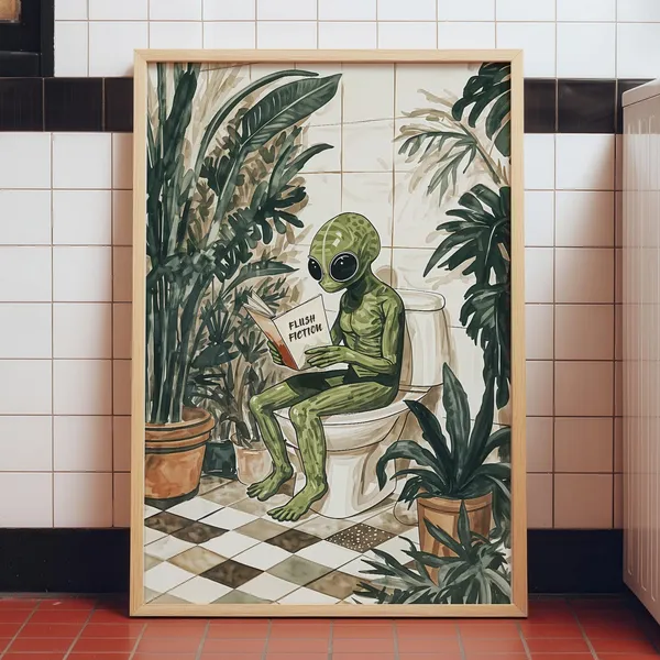 Funny Alien Bathroom Art Print, Reading On Toilet