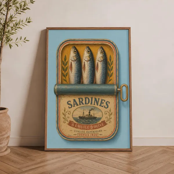 Vintage Sardines Tin Art Print, Coastal Kitchen Decor