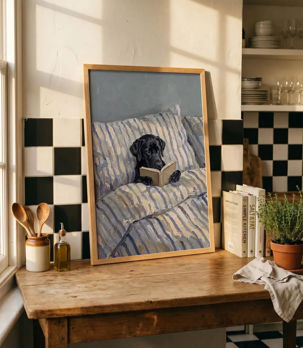 Black Labrador Reading in Bed Funny Custom Pet Morning Scene Poster - Image 2