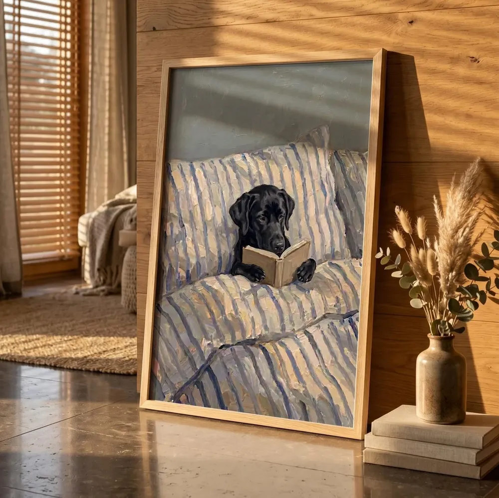 Black Labrador Reading in Bed Funny Custom Pet Morning Scene Poster - Image 4