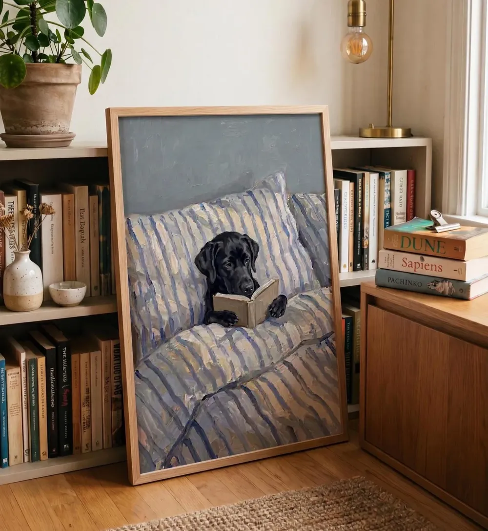 Black Labrador Reading in Bed Funny Custom Pet Morning Scene Poster - Image 5