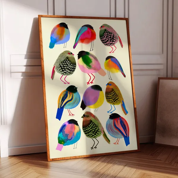 Twelve Colorful Watercolor Songbirds Vibrant Bird Art Poster