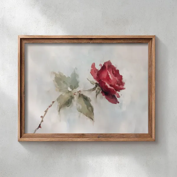 Printed Red Rose on Slanted Stem Vintage Art Print