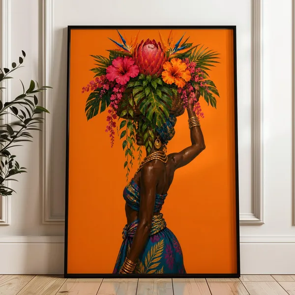 Afrocentric Portrait Art Print, Tropical Flower Poster
