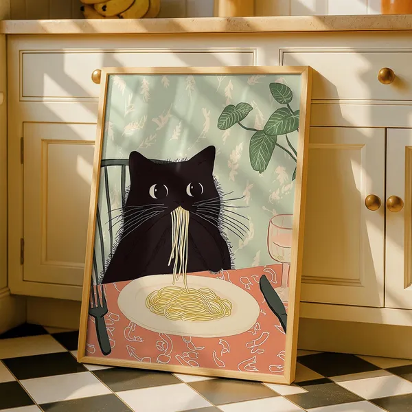 Black Cat Art Print, Kitchen and Dining Decor