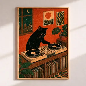Black Cat DJ Print, Vintage Linocut Music Decor
