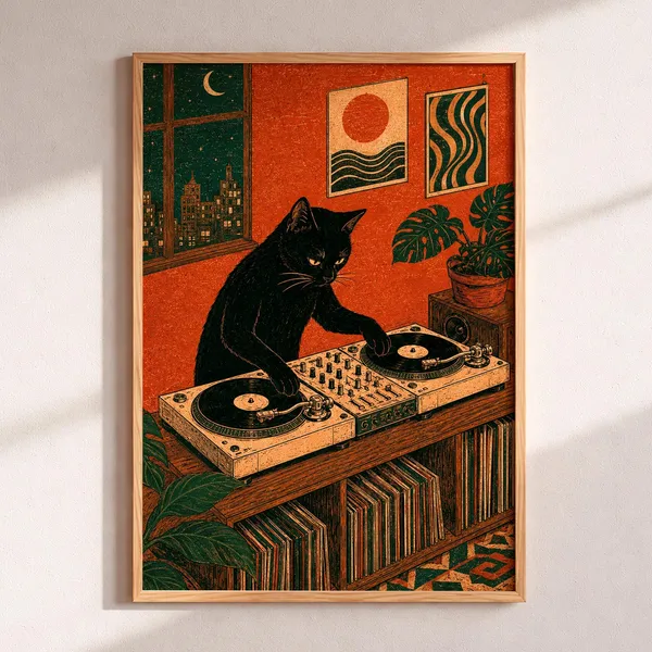 Black Cat DJ Print, Vintage Linocut Music Decor