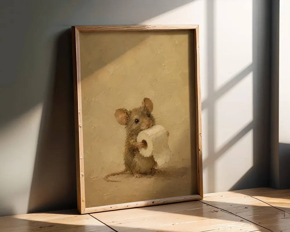 Cute Mouse Holding Toilet Paper Funny Vintage Bathroom Poster