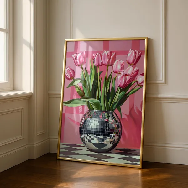 Disco Ball Tulip Pink Print, Maximalist Wall Art