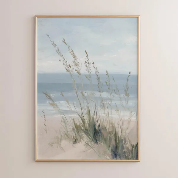 Coastal Beach Dunes With Sea Oats, Ocean Landscape Art Print