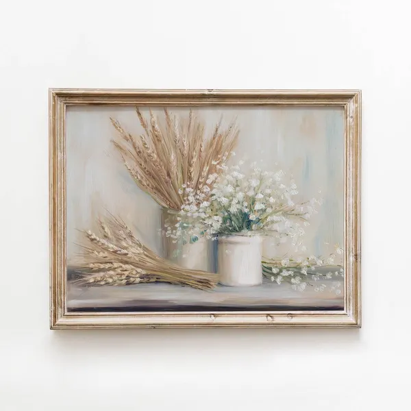 Vintage White Wildflower Wheat Bundle Art Print
