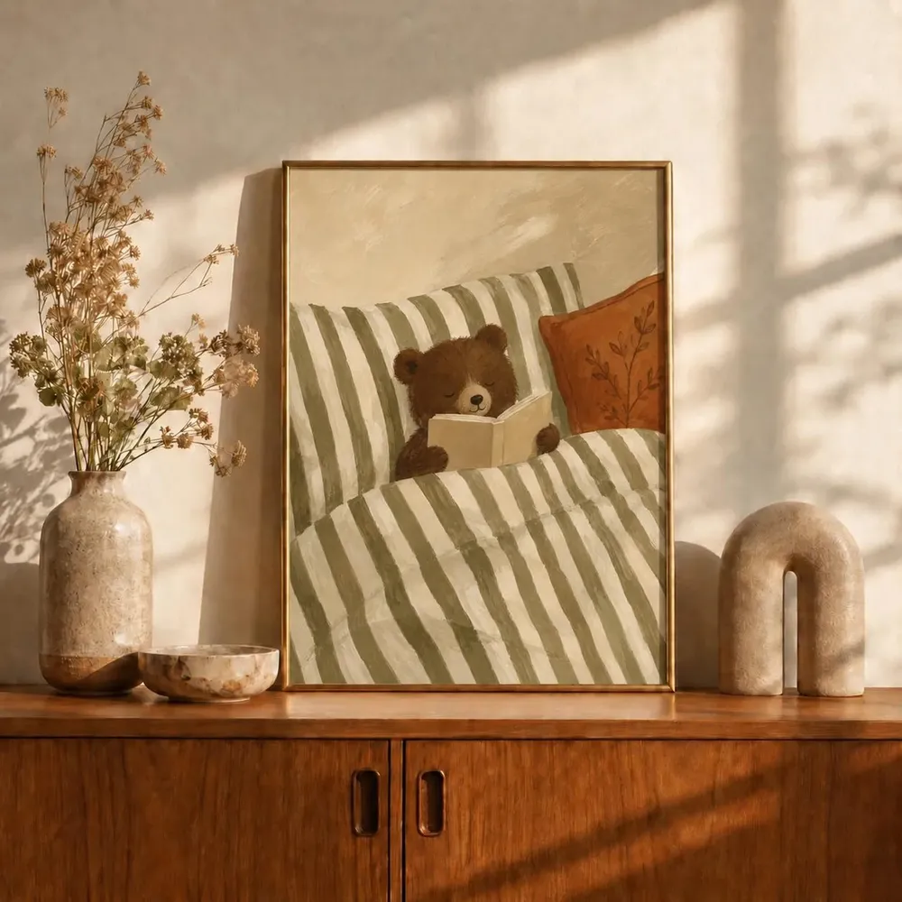 Sleepy Bear Reading in Bed Cute Nursery Woodland Animal Art Print - Image 2