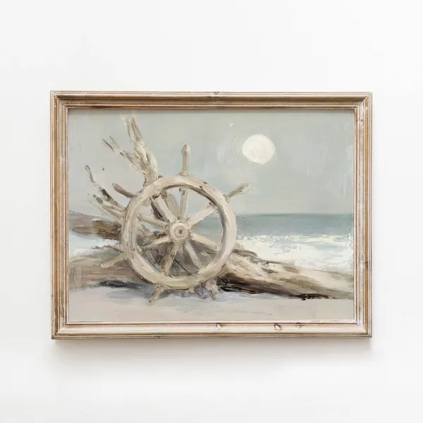 Ship Wheel Driftwood Beach Painting, Vintage Coastal Art