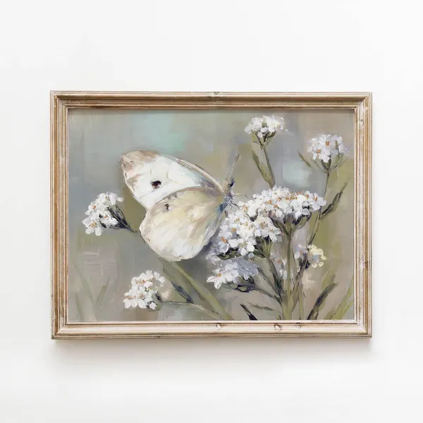 Vintage White Butterfly Wildflowers Art Print, Cottagecore