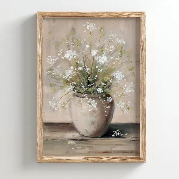 White Wildflowers in Rustic Vase, Neutral Still Life Art Print