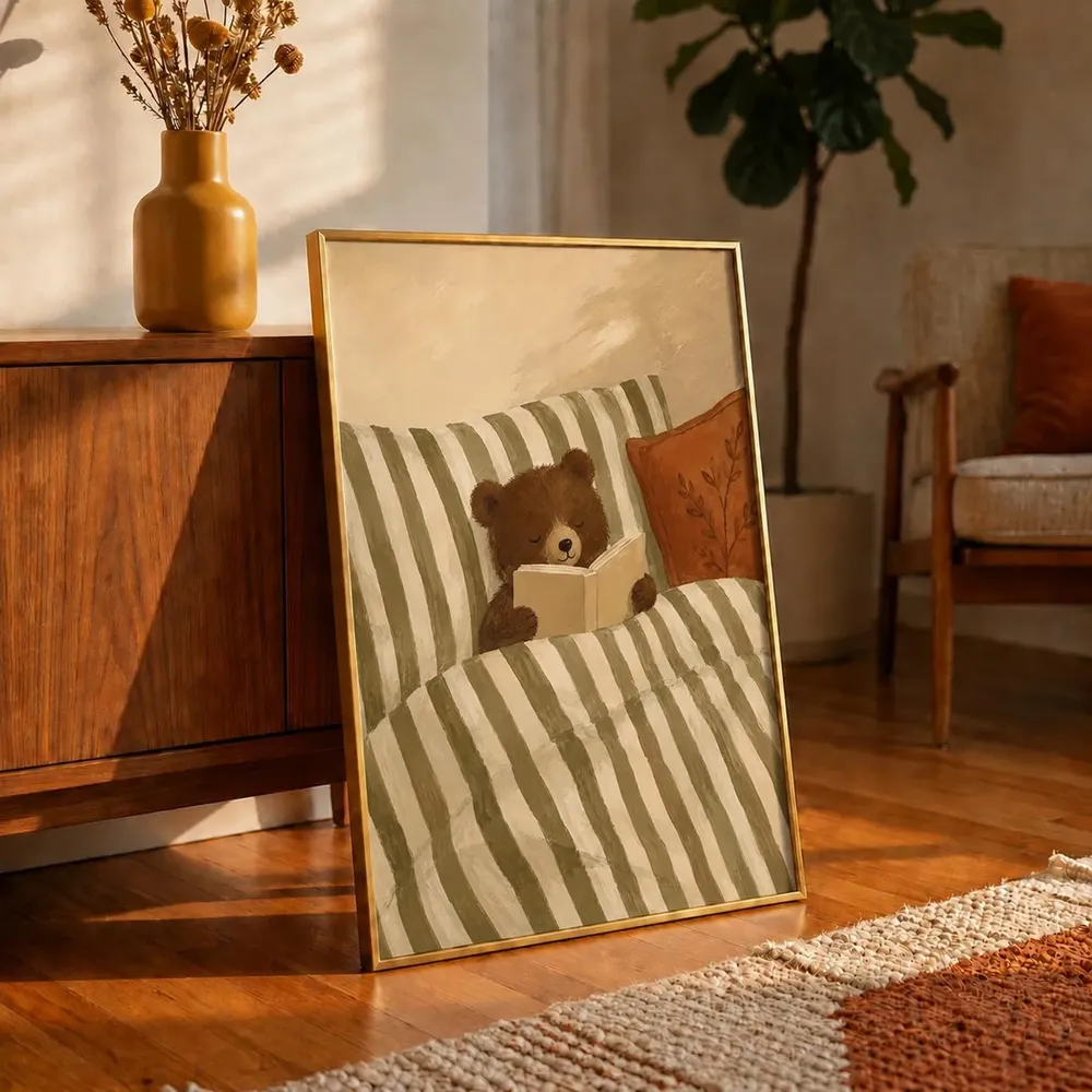 Sleepy Bear Reading in Bed Cute Nursery Woodland Animal Art Print - Image 3