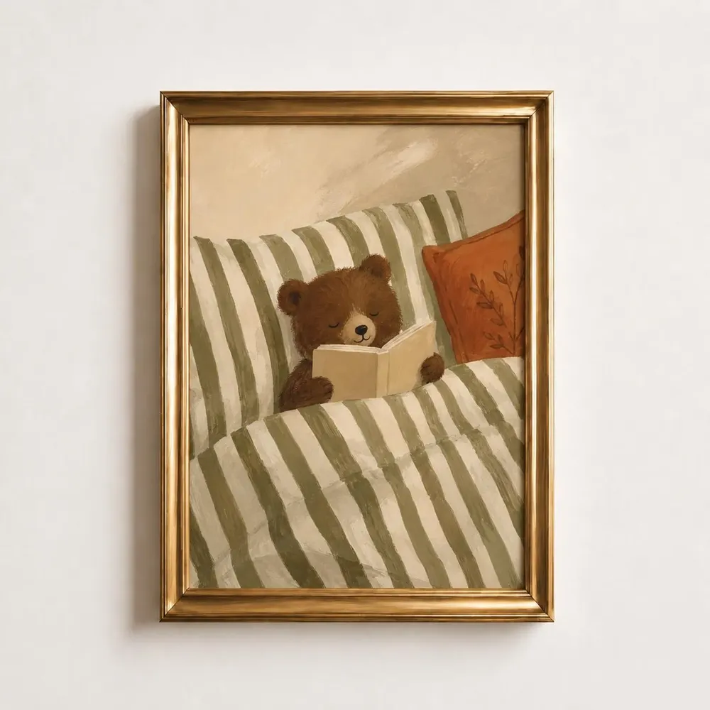 Sleepy Bear Reading in Bed Cute Nursery Woodland Animal Art Print