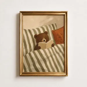 Reading Bear Oil Painting Poster Cub In Bed With Book Print Sage Green Nursery Wall Art Woodland Bedroom Decor Lover Gift
