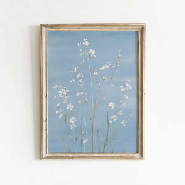 Dusty Blue Wildflower Vintage Cottage Art Print