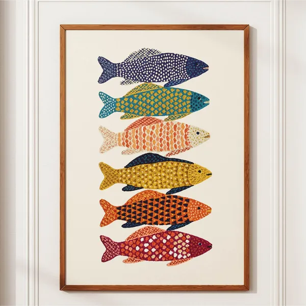 Colorful Striped Fish Retro Coastal Kitchen Art Print