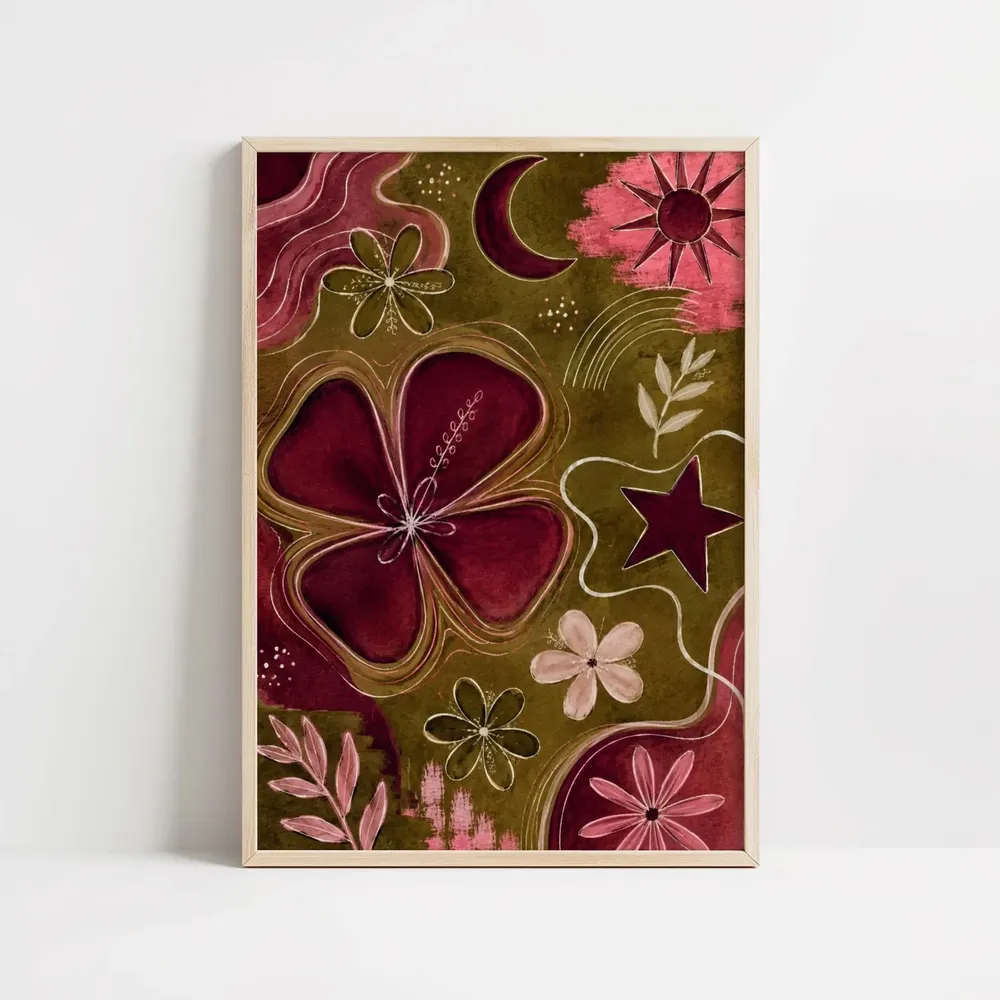 Burgundy Celestial Floral Abstract Boho Moon Sun Botanical Art Poster