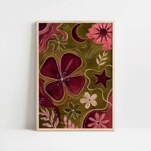 Boho Celestial Floral Print Burgundy Abstract Poster Retro Maximalist Decor