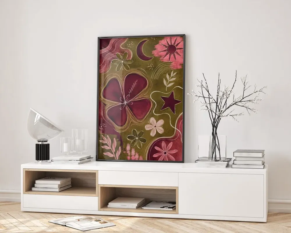 Burgundy Celestial Floral Abstract Boho Moon Sun Botanical Art Poster - Image 2