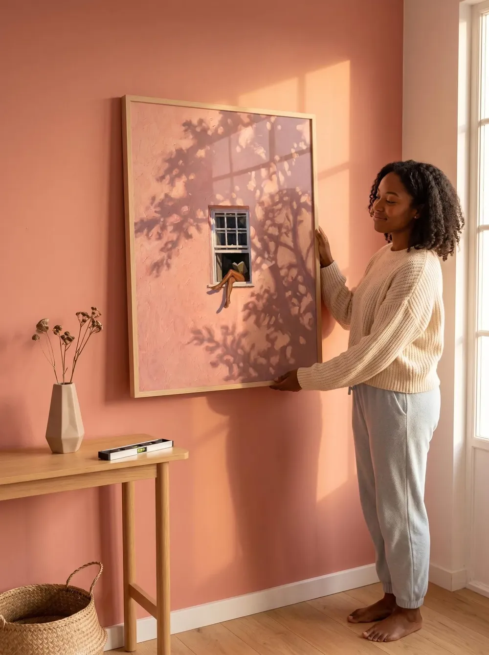 Woman Reading in Window Blush Pink Warm Impressionist Poster - Image 2