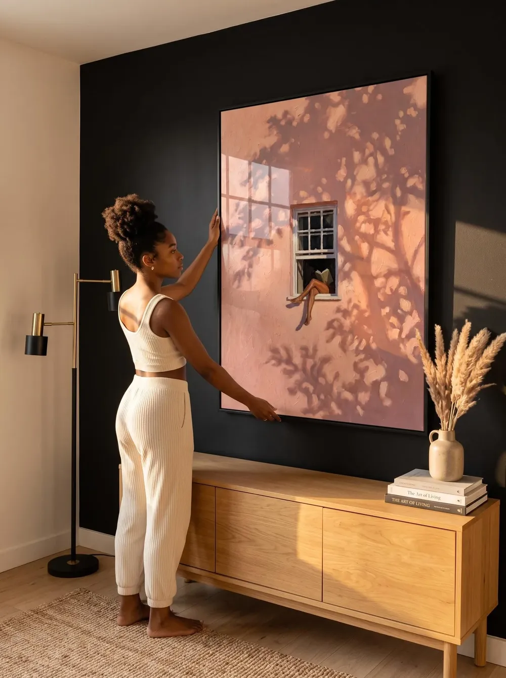 Woman Reading in Window Blush Pink Warm Impressionist Poster - Image 3