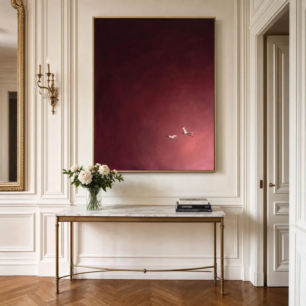 Burgundy Sky Two Birds in Flight Moody Minimalist Oil Poster - Image 3
