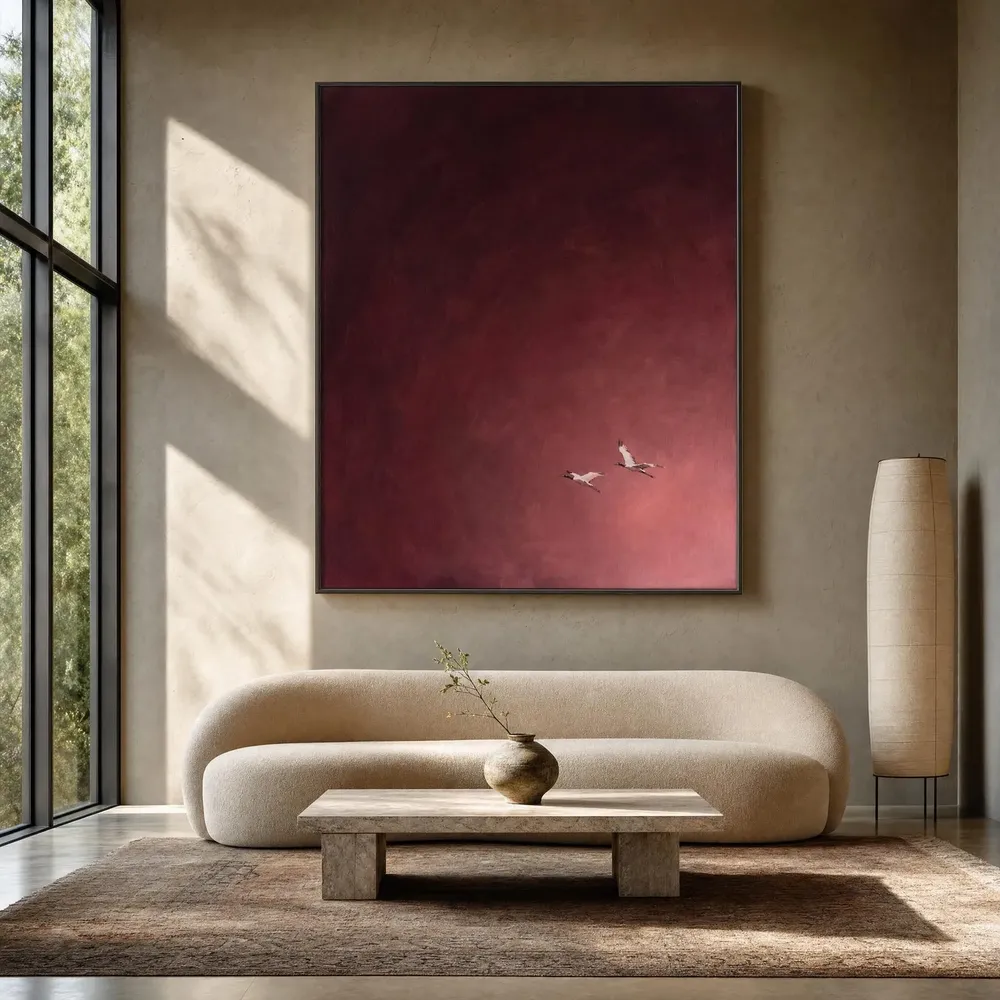Burgundy Sky Two Birds in Flight Moody Minimalist Oil Poster - Image 2