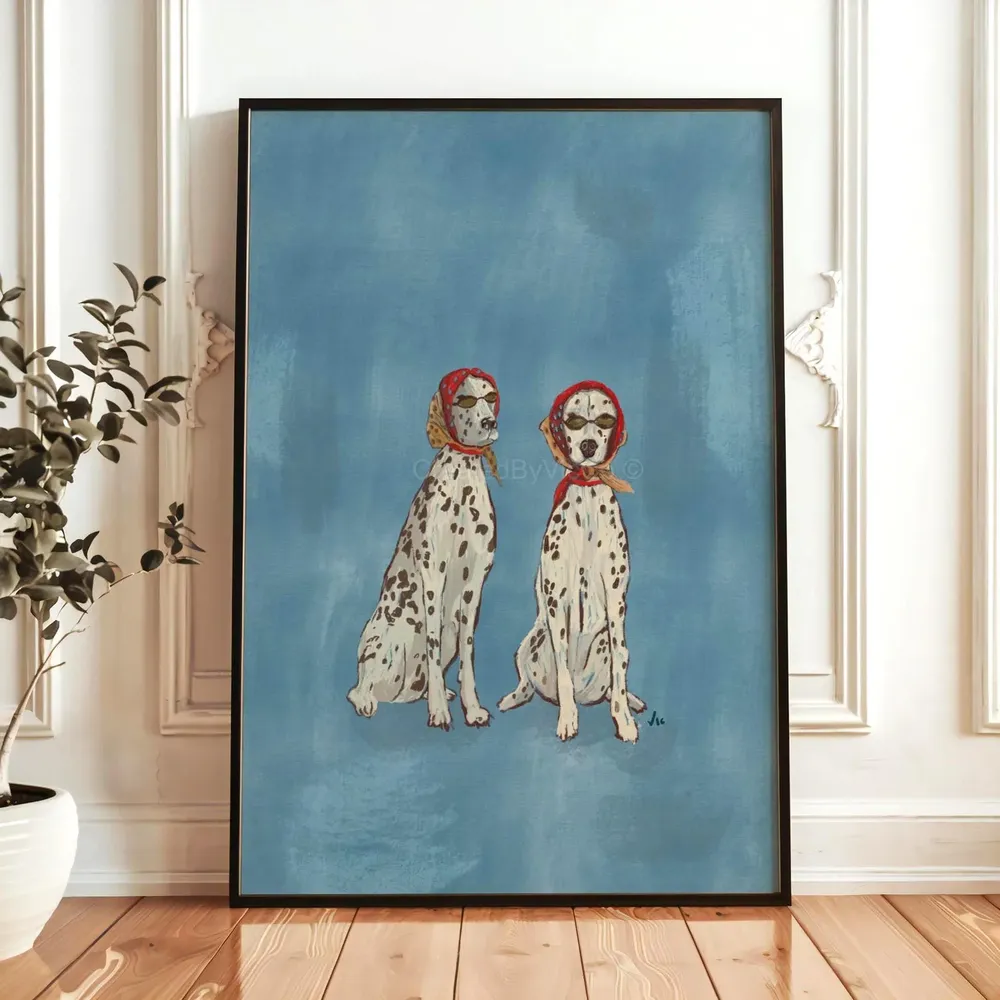Two Dalmatians in Red Scarves Whimsical Dog Portrait Art Print