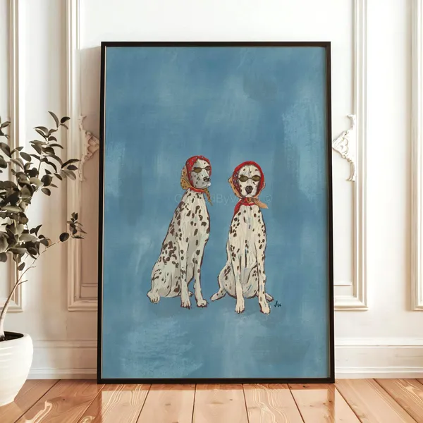 Two Dalmatians in Red Scarves Whimsical Dog Portrait Art Print