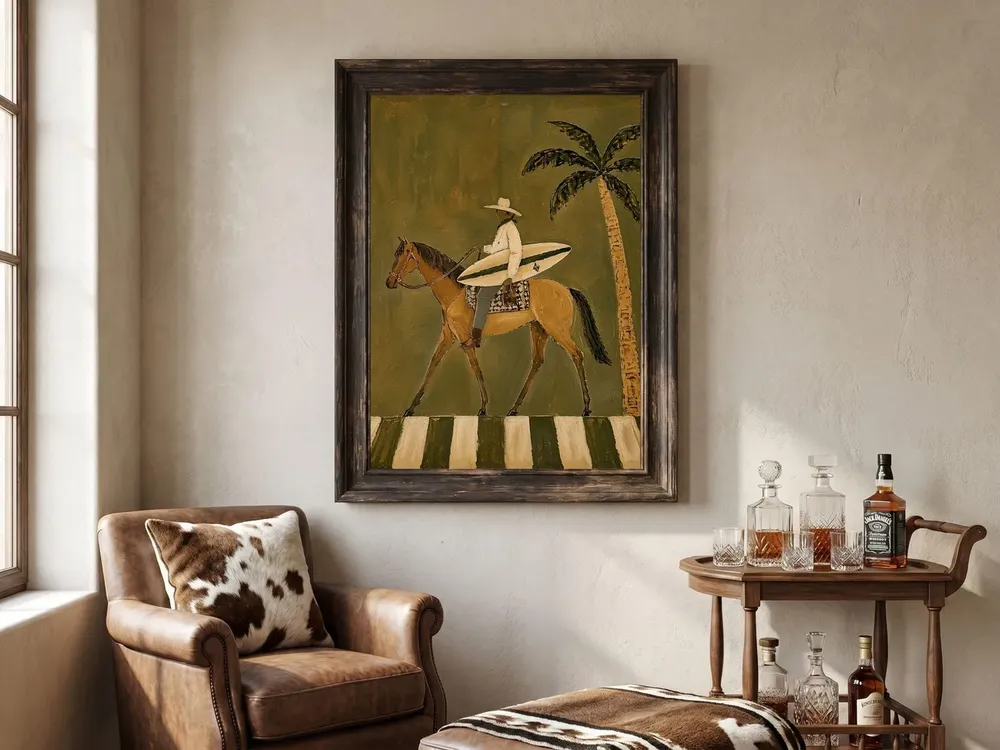 Coastal Cowboy Surfboard Horse Palm Western Sunset Scene Poster - Image 4