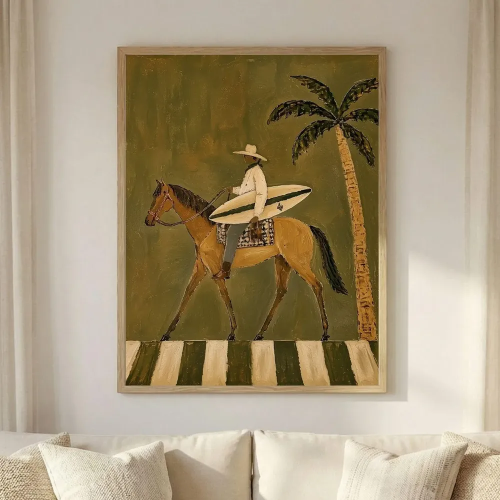 Coastal Cowboy Surfboard Horse Palm Western Sunset Scene Poster