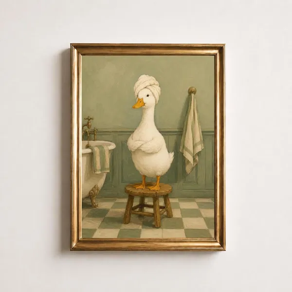 Funny Duck in Towel Turban Sage Green Vintage Bathroom Poster