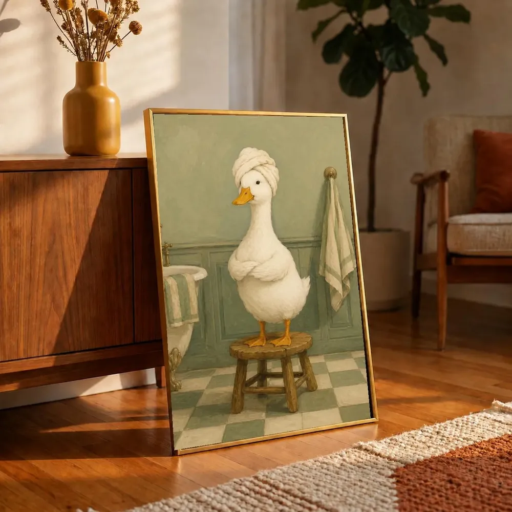Funny Duck in Towel Turban Sage Green Vintage Bathroom Poster - Image 3