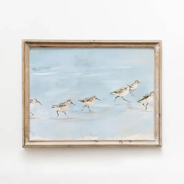 Sandpipers Along Shore, Vintage Coastal Art Print