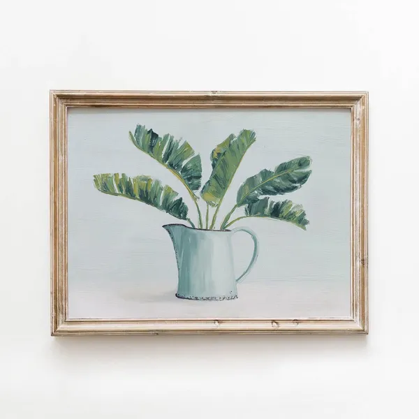 Tropical Leaves and White Pitcher, Vintage Farmhouse