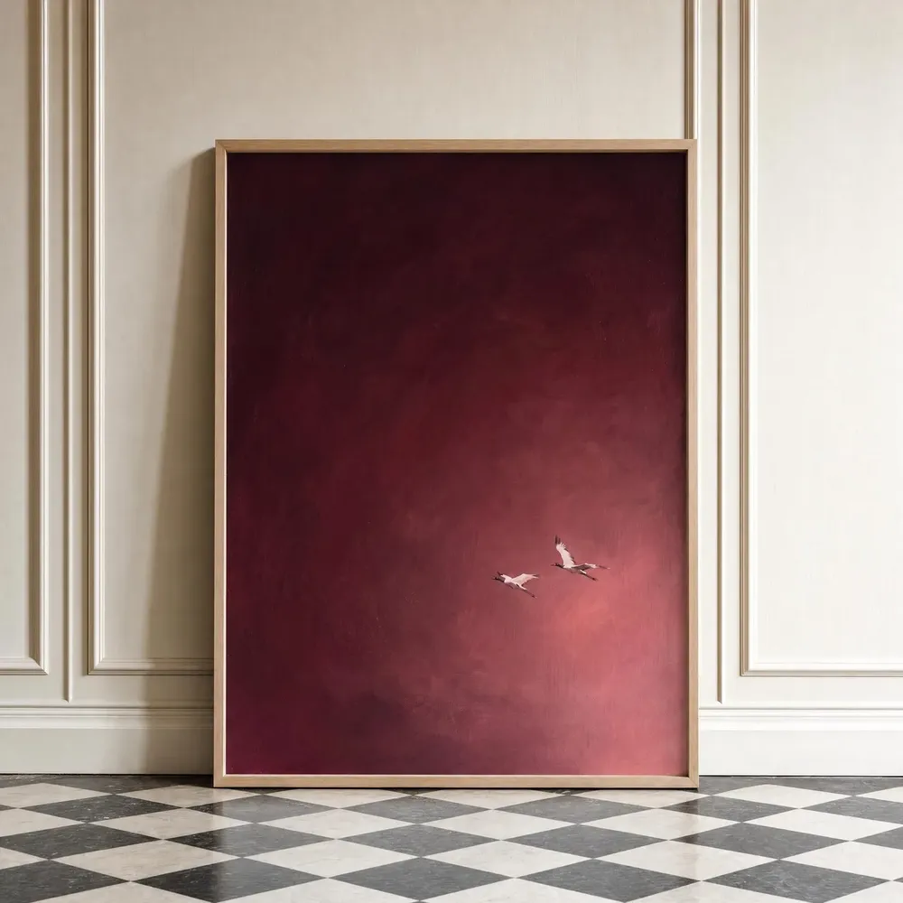 Burgundy Sky Two Birds in Flight Moody Minimalist Oil Poster