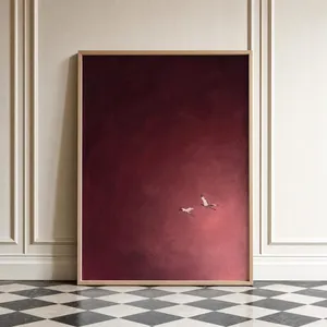 Burgundy Sky Two Birds in Flight Moody Minimalist Oil Poster